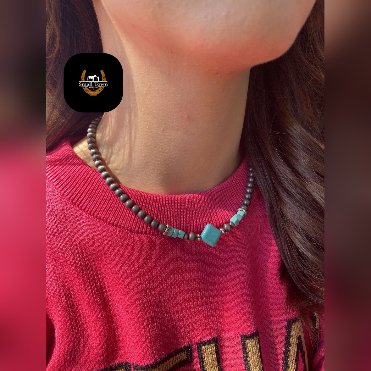 Faux Navajo Pearl W/ Turquoise Diamond Necklace